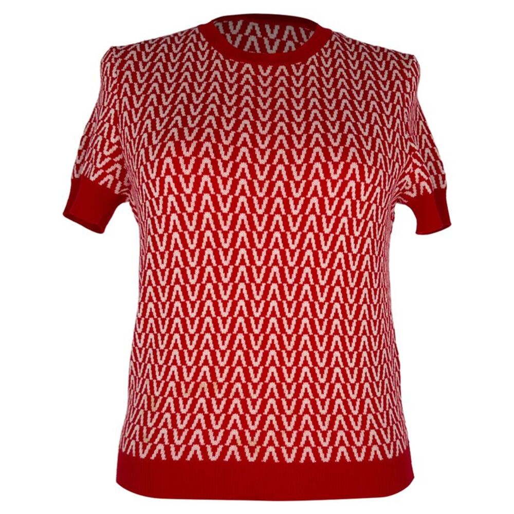 Valentino Jacquard-Knit Short Sleeve Top in Red Wool